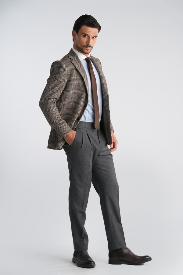 Single Breasted Checkered Blazer - Notch Lapel - Beige X Brown