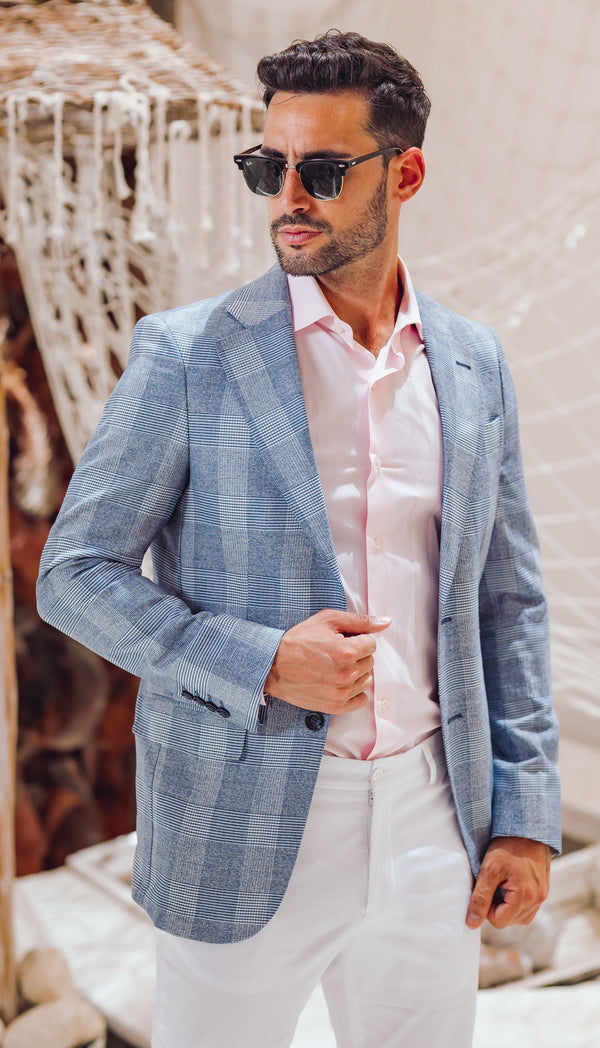 Single Breasted - Notch Lapel - Linen Blazer - Prince Of Wales Baby Blue